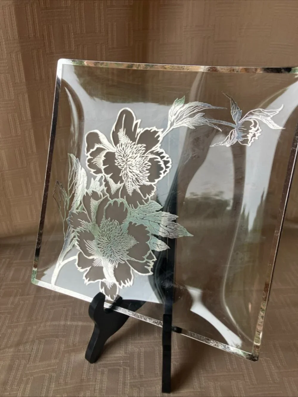 Rockwell Sterling Silver Overlay Peony Floral Square Plate Tray Platter Curved